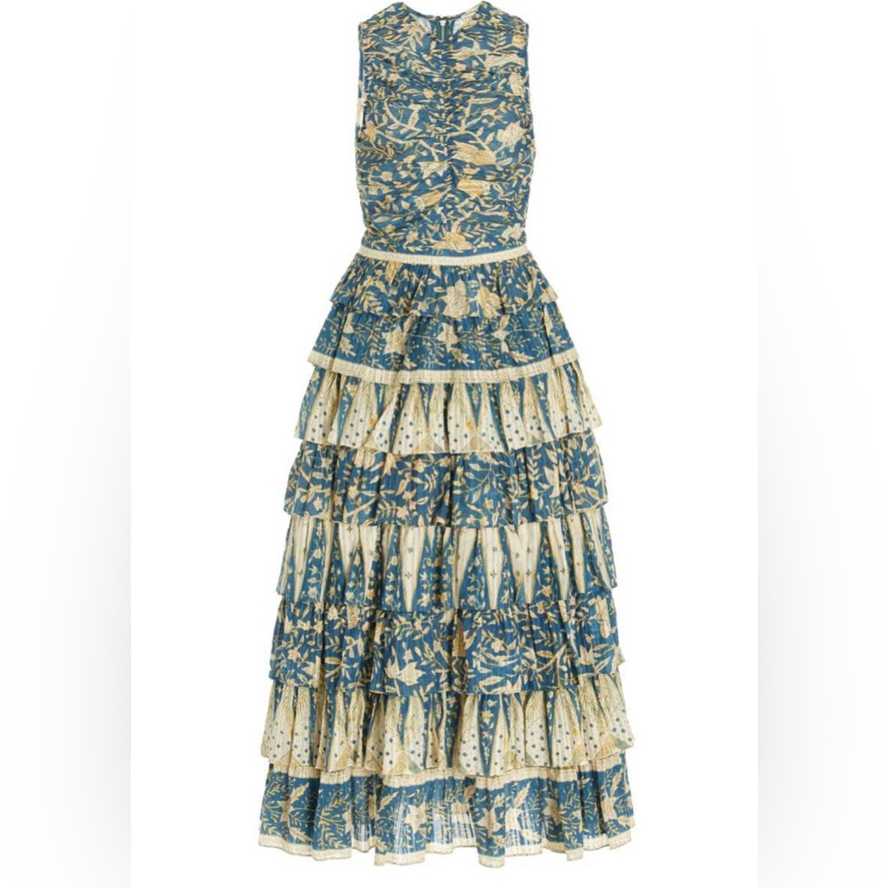 Ulla Johnson Blue and Cream Tiered Ruffled Maxi Dress - Picture 11 of 16
